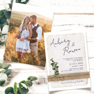 Rustic Burlap Eco Eucalyptus Boho Photo Bröllop Inbjudningar