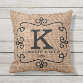 Rustic Burlap Family Namn Monogrammed Utomhuskudde