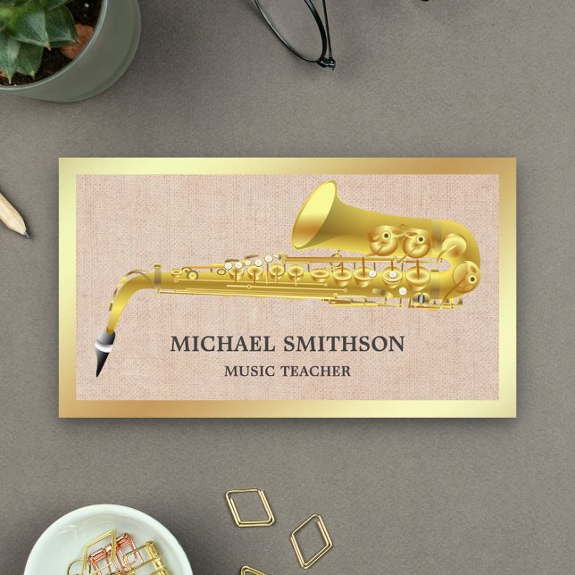 Rustic Burlap Gold Foil Saxophone Music Teacher Visitkort (Skapare uppladdad)