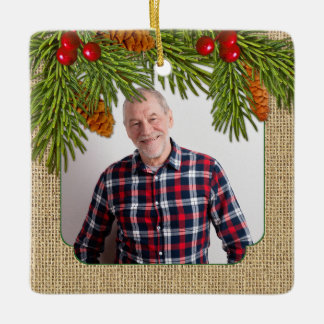 Rustic Burlap Gräs Boughs Memorial Photo jul Julgransprydnad Keramik