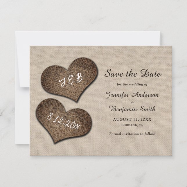 Rustic Burlap Hearts Bröllop spara datum Photo Datumet (Framsida)