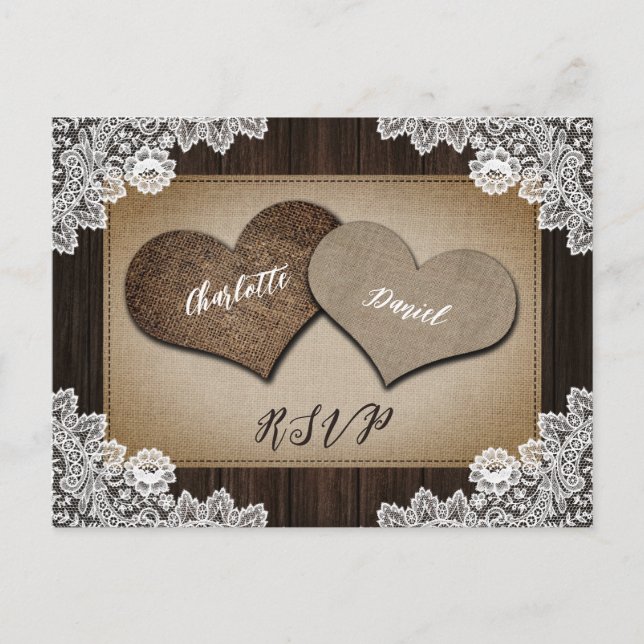 Rustic Burlap Hearts OSA Postcard Meal Choal Inbjudan Vykort (Framsida)