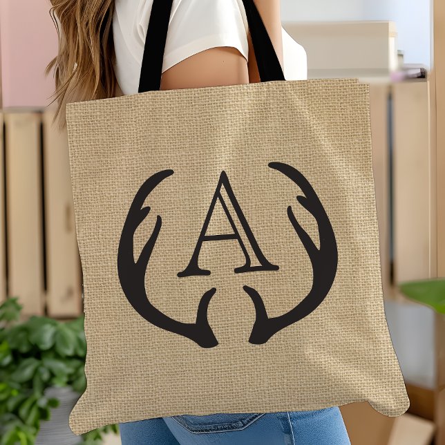 Rustic Burlap Hjort Antler Monogrammed Tote Bag Tygkasse (Skapare uppladdad)