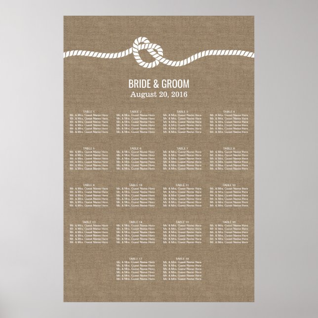 Rustic Burlap Knot 18 Bord Bröllop-sätesdiagram Poster (Framsidan)