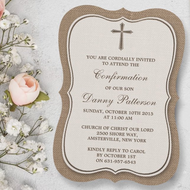 Rustic Burlap Kor Heliga Communion eller bekräftel Inbjudningar (Skapare uppladdad)