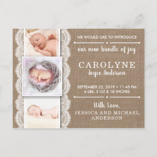 Rustic Burlap & Lace 3 Fotos Födelseannons Meddelande Vykort