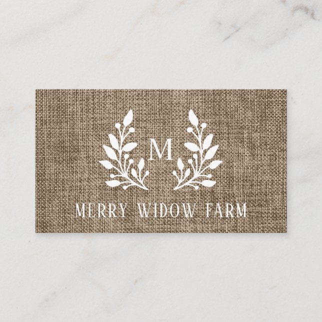 Rustic Burlap Laurel Monogrammed Visitkort (Framsida)