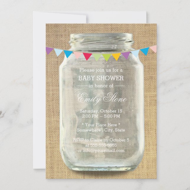 Rustic Burlap Mason Burk Baby Shower Inbjudningar (Framsida)