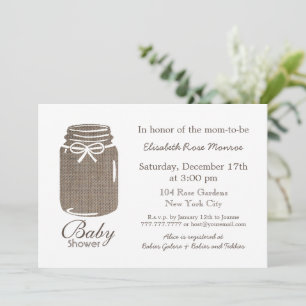 Rustic Burlap Mason Burk Baby Shower Inbjudningar