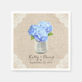 Rustic Burlap Mason Burk Blue Hydrangea Bröllop Pappersservett
