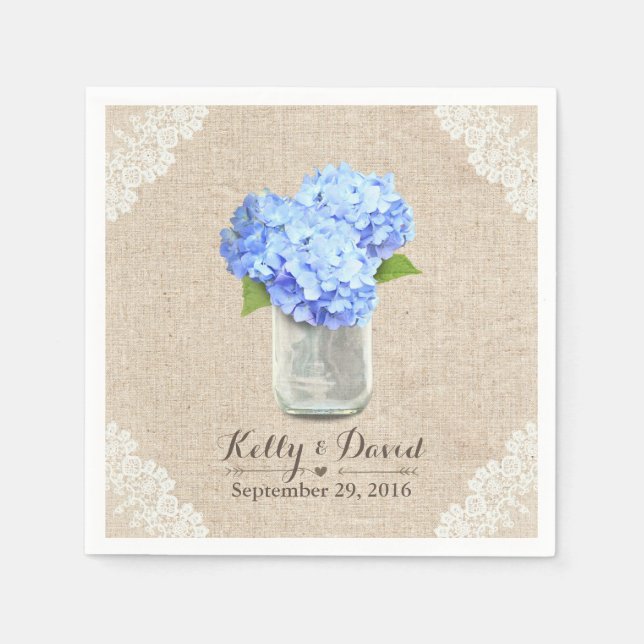 Rustic Burlap Mason Burk Blue Hydrangea Bröllop Pappersservett (Framsidan)