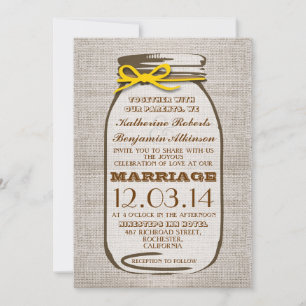 Rustic Burlap Mason Burk Bröllop Inbjudningar