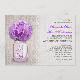 Rustic Burlap Mason Burk Lila Hydrangea Bröllop Inbjudningar