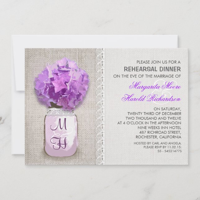 Rustic Burlap Mason Burk Lila Rehearsal Middag Inbjudningar (Framsida)