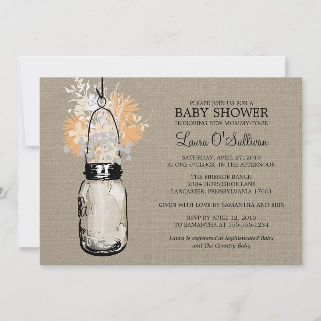 Rustic Burlap Mason Burk WildblommBaby Shower Inbjudningar (Framsida)