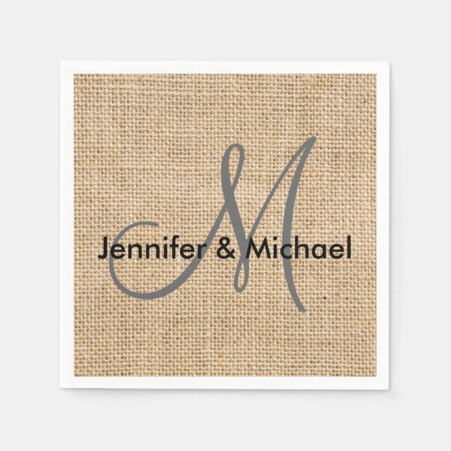 Rustic Burlap Monogram Bröllop Bride Groom Namn Pappersservett (Framsidan)