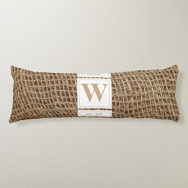 Rustic Burlap Monogram Initial Kroppskudde (Framsidan)
