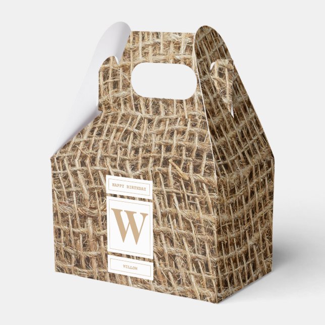 Rustic Burlap Monogram Initial Presentaskar (Framsidan Sidan)