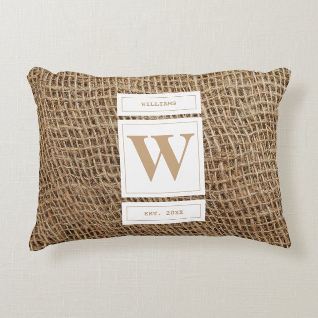 Rustic Burlap Monogram Initial Prydnadskudde (Framsidan)