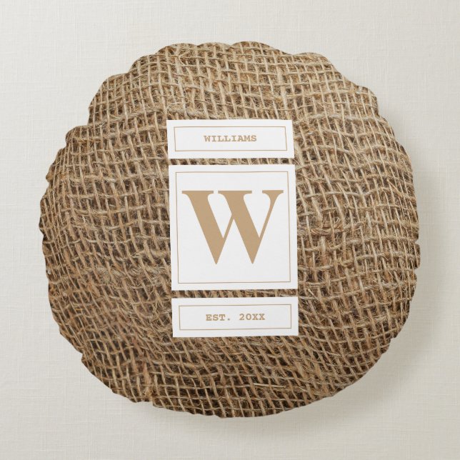 Rustic Burlap Monogram Initial Rund Kudde (Framsidan)