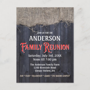 Rustic Burlap och Barn Wood Family Reunion Vykort