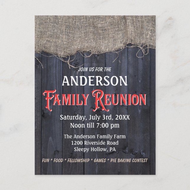 Rustic Burlap och Barn Wood Family Reunion Vykort (Framsida)