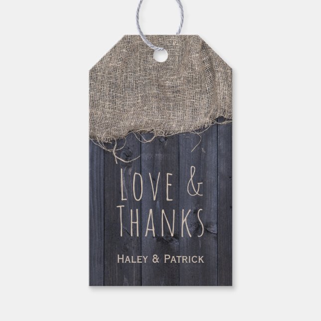 Rustic Burlap och Barn Wood med Anpassningsbar Tex Presentetikett (Framsidan)