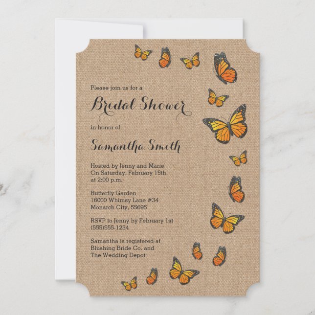Rustic Burlap och Butterfly Inbjudningar (Framsida)