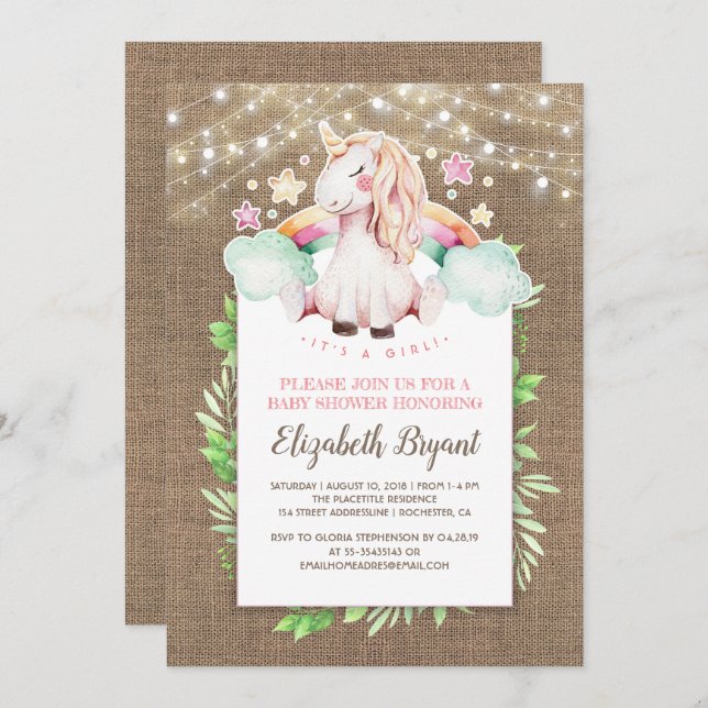 Rustic Burlap och Magic Unicorn Baby Shower Inbjudningar (Fram/baksida)