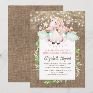 Rustic Burlap och Magic Unicorn Baby Shower Inbjudningar