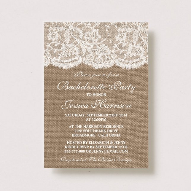 Rustic Burlap och White Snöre Bachelorette Party Inbjudningar (Skapare uppladdad)