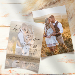 Rustic Burlap Pampass Grass Eco Boho Photo Bröllop Inbjudningar