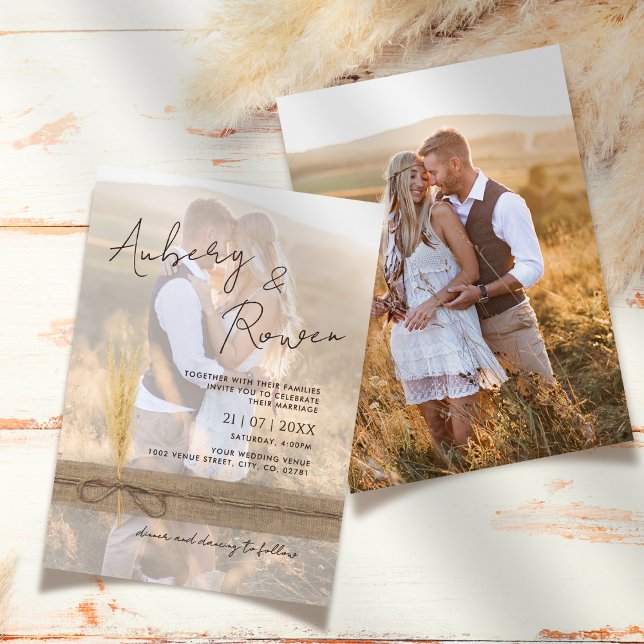 Rustic Burlap Pampass Grass Eco Boho Photo Bröllop Inbjudningar (Skapare uppladdad)