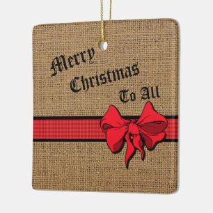Rustic Burlap Red Trim Personlig Julgransprydnad Keramik