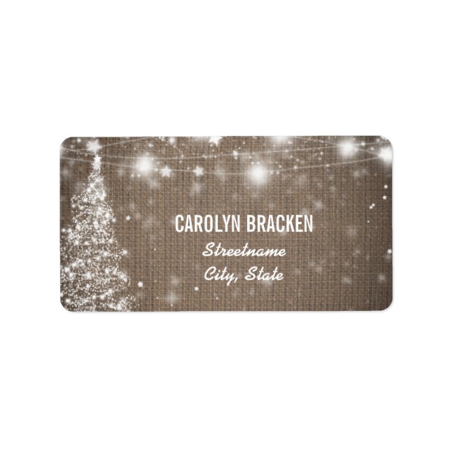 Rustic Burlap Shimering Stars Julgran Adressetikett (Framsidan)