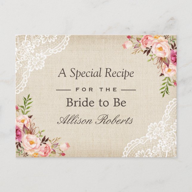 Rustic Burlap Snöre Blommigt Bride to be Recept Ca Vykort (Framsida)