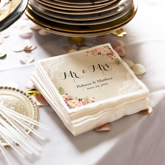 Rustic Burlap Snöre Blommigt Mr. och Mrs. Bröllop Pappersservett (Skapare uppladdad)