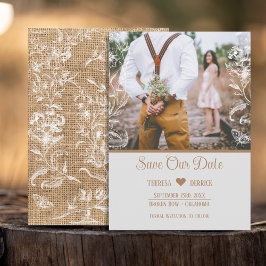 Rustic Burlap Snöre Blommigt Photo Bröllop Spara Datumet