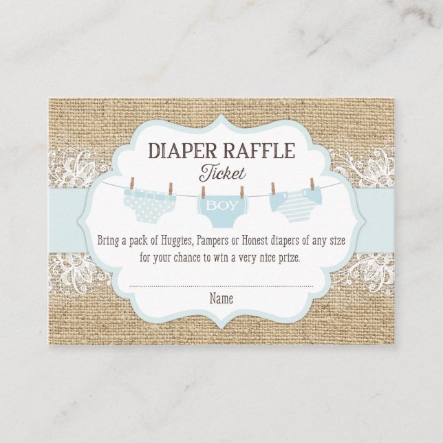Rustic Burlap Snöre Blue Boy Diaper Raffle Biljett Tilläggskort (Framsida)