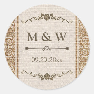 Rustic Burlap Snöre Bröllop Monogram Runt Klistermärke