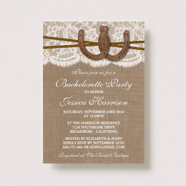Rustic Burlap & Snöre Horseshoe Bachelorette Party Inbjudningar (Skapare uppladdad)