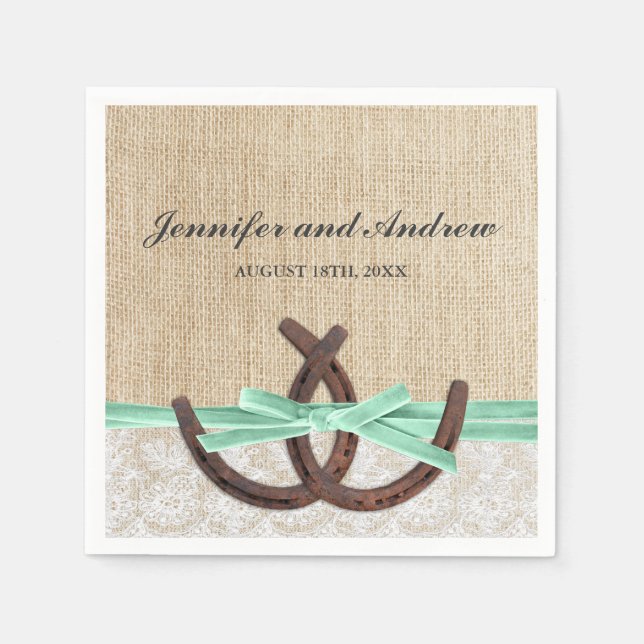 Rustic Burlap Snöre Horseshoe Mint Ribbon Bröllop Pappersservett (Framsidan)