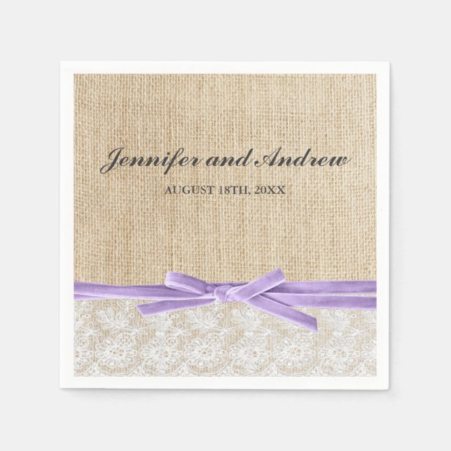 Rustic Burlap Snöre Lavender Ribbon Bröllop Pappersservett (Framsidan)