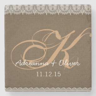 Rustic Burlap Snöre Monogram Bröllop Underlägg Sten