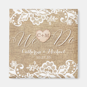 Rustic Burlap Snöre och Wood Heart Namn Initialer Magnet