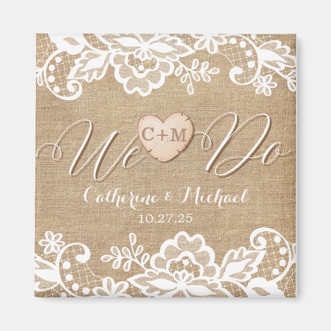 Rustic Burlap Snöre och Wood Heart Namn Initialer Magnet (Framsidan)