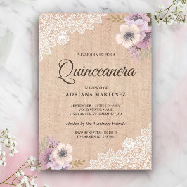 Rustic Burlap Snöre Rosa Blommigt Quinceanera Inbjudningar