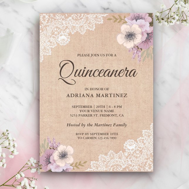 Rustic Burlap Snöre Rosa Blommigt Quinceanera Inbjudningar (Skapare uppladdad)