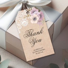 Rustic Burlap Snöre Rosa Blommigt Tack Presentetikett