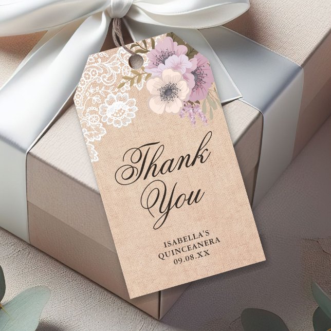 Rustic Burlap Snöre Rosa Blommigt Tack Presentetikett (Skapare uppladdad)